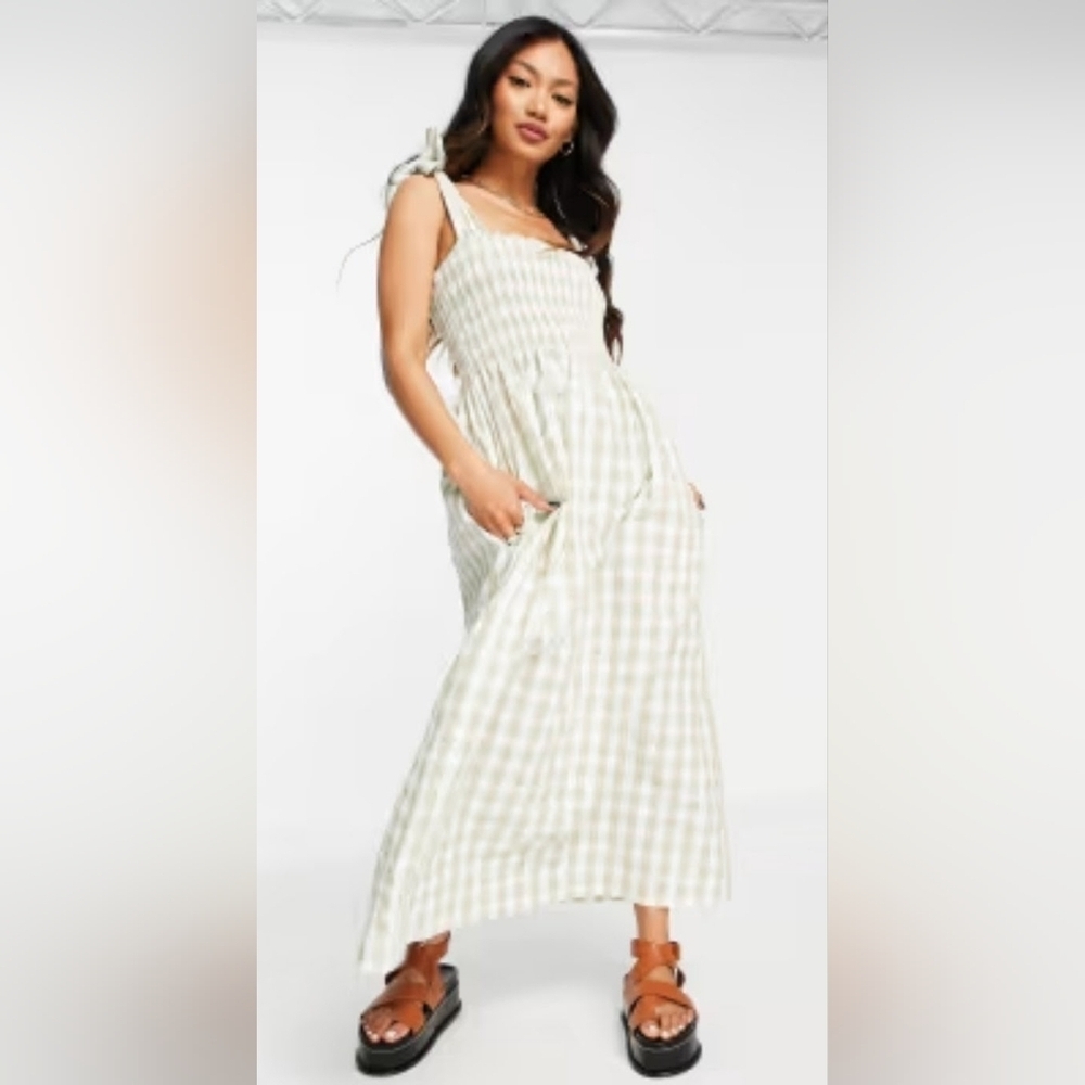 Mango Women's Shirred Searsucker Cottage Core Sundress | Sage Gingham | Medium